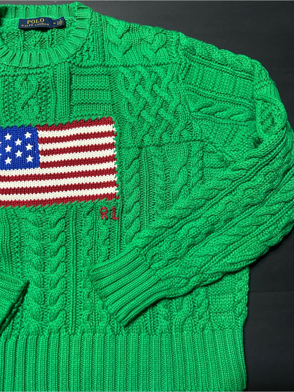 Vintage Polo by Ralph Lauren Green Cable Knit Crewneck with American Flag - Picture 12 of 16